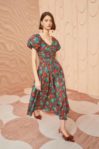 Party Dresses 2024 Spring Yellow Green Black Red Loral Printing Puff Sleeve Strap Frill Folds Woman Midi Dress