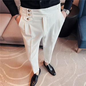 Estilo britânico calças de cintura alta dos homens outono cor sólida calças casuais fino ajuste formal terno calças moda roupas masculinas 240222