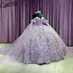 أرجواني قبالة أشرطة الكتف القوس الكرة ثوب quinceanera فستان 3D الزهور الأزهار الدانتيل الدانتيل