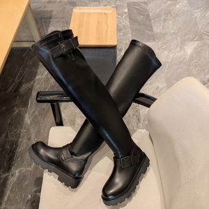 2024 Designer Boots Luxury French Skinny Over Knee Genuine Leather Thick Heel Round Head Elastic Skinny Boots JC