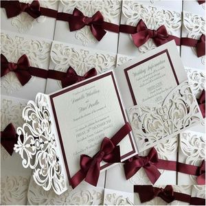 Greeting Cards Wedding Invitation Card High-End Suit Laser Cutout Private Custom Ivory Mti-Color Flash Envelope Bow Ribbo Provide Dro Dh6Di