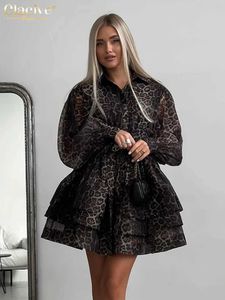 Базовые повседневные платья Clacive Fashion Женское платье с леопардовым принтом 2024 Ретро мини-платье с воротником-поло с длинными рукавами Элегантное плиссированное женское платье с высокой талией J240224