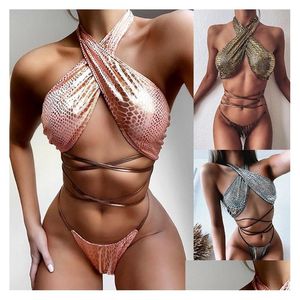 Kvinnors badkläder Kvinnor 2023 Shiny Halter Thong Bikini Kvinnliga kvinnliga baddräkt Tvåstycken Set Wrap Around Bather Bathing Swim V20 DH0YE