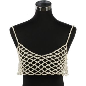 Pearl Body Chain Necklace for Women Pärled Mesh Top Costome Jewelry Chunky Bead White Faux Pearls Cover Up Bh Accessories 240223