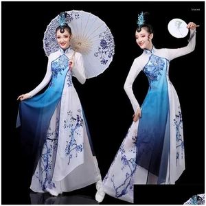 Stage Wear Traditional Chinese Vintage Hanfu Women Flower Print Qipao Dress Ancient Folk Dance Streetwear Performance Drop Delivery A Otect
