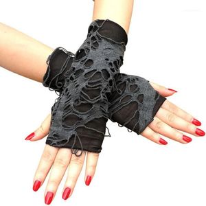 Guanti a cinque dita 1 paio Fori strappati neri Senza dita Punk gotico Halloween Cosplay Party Dress Up Accessori Braccio stile shabby 288y