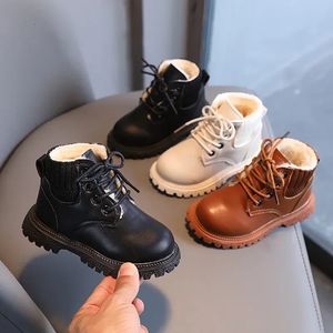 Crianças crianças botas outono inverno quente grosso algodão meninos meninas botas de neve pequenas crianças botas de algodão de couro moda 240219