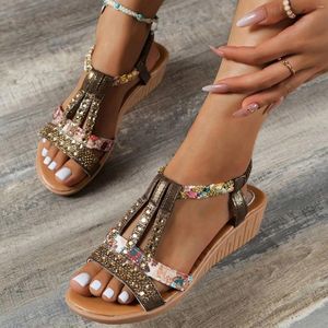 Slippers Women Wedge Sandals 2024 Summer Bohemia Style High Heels Fashion Open Toe Rhinestones Elastic Strap Outdoor Dressy