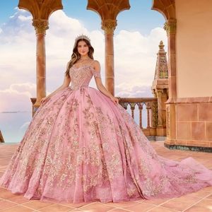 Rosa glänsande quinceanera klänning prinsessan prom klänning tyll guld applikationer spetspärlor söta 15 16 klänning vestidos de 15 anos