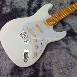 Auf Lager Weiße E-Gitarre von Jimi Hendrix aus den 70ern, Ahornhals, Griffbrett, Punkteinlage, speziell gravierte Halsplatte, Vintage-Mechaniken, Tremolo-Brücke, Whammy Bar