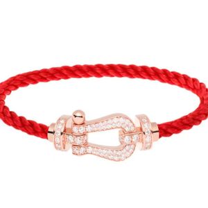 Horse Shoes Luxuriöses Designer-Charm-Armband für Damen, rote schwarze Kordel, gedrehtes Seil, Ketten, glänzender Kristall, glitzernder Diamant, 18 Karat Gold, Armbänder, Party-Schmuck