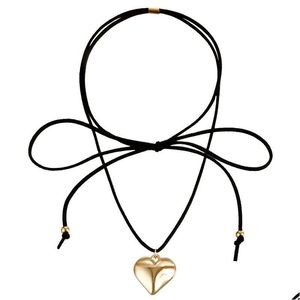 Girocolli Goth Nero Veet Collana girocollo con ciondolo a cuore grande per le donne Elegante tessuto annodato con consegna a goccia regolabile Collane di gioielli P Ot1Om