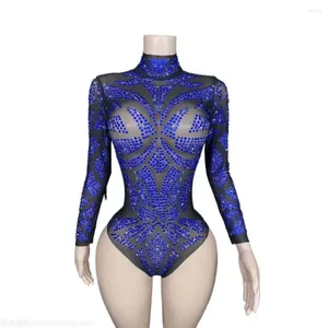 Scena zużycie niebieskiego błyszczącego piosenkarki hosting Water Diamond Elastic Mesh Triangle High Fork Costume żeński body