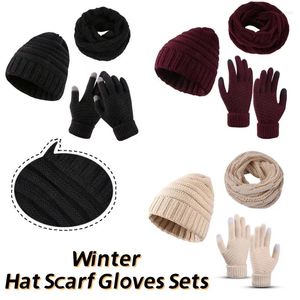 Berets 3 Pieces Winter Hat Scarf Gloves Sets Women's Knitted Soft Wool Caps Mittens Outdoor Men Solid Color Warm Accessories