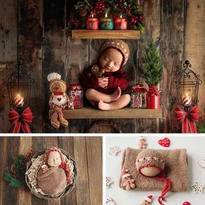 Born Pography Props Christmas Beaded Hat Wrap Set Wool Felt Gingerbread Doll Baby Girl Boy Po Accessories Bakgrund 240220