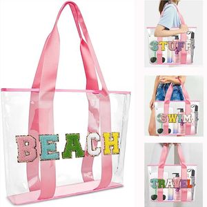 Damen Pink Cute Girls Travel Chenille Letter Clear PVC Transparent Beach Patches Stuff Tote Bag mit Griffen zum Schwimmen 240221