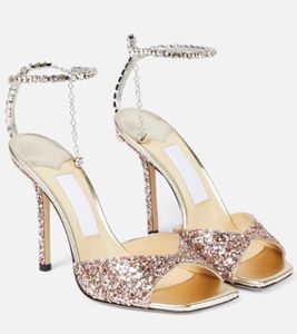 24Sラグジュアリー女性サンダルハイヒールシューズJ-C Saeda Sandal 100mm Heels Crystal Ice White Gold Particle Glitter Shoe Shoe Women's Square Toe Strass Ankle Strap With Box