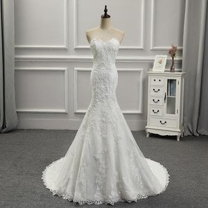 Abiti da sposa sexy a sirena Abiti da sposa in pizzo Sweetheart Lace-Up Back Sweep Train Abiti da sposa Immagini reali