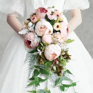 Fiori matrimonio rosa artificiale con erba Bouquet da sposa Accessori matrimonio Ramos Buque De Noiva