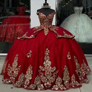 Luxo vermelho fora do ombro quinceanera vestido 2024 vestido de baile apliques rendas tull baile de formatura vestido de 15