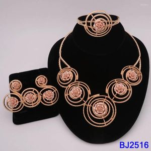 Necklace Earrings Set Dubai African Hoop Round Collar Beads Design For Women Gold Color Bangle Ring Jewelry Ethiopia Bride Gift