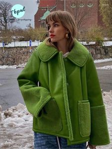 Женское кожаное элегантное пальто из искусственной кожи для женщин, модное зеленое однобортное пальто с карманами и длинными рукавами с лацканами, женская винтажная уличная куртка