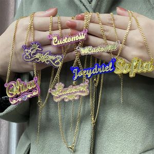 Custom Name Necklace Stainless Steel Cuban Chain Personalized Acrylic Name With Crown Nameplate Pendant Necklace For Women Gifts 240221