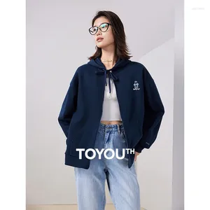 Women's Jackets Toyouth Women Fleece Hooded Zippered Coat 2024 Autumn Long Sleeve Loose Hoodies Pattern Print Casual Warm Versatile Jacket