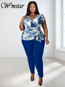 Wmstar plus size duas peças roupas calças define mulheres roupas de verão impresso topo sólido leggings combinando atacado gota 240219