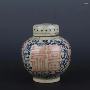 Garrafas Chinês Ming Jiajing Azul e Branco Porcelana Vermelho Fu Padrão Pote Chá Caddy 5.51