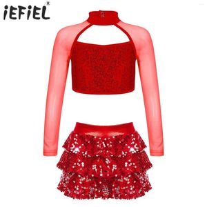 Stage Wear Kids Girls Sequins Ballet Dance Sets Long Sleeve Crop Top With Tiered Ruffle Skirted Shorts For Latin Jazz Dancing Costume