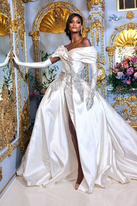 Ebi African Aso Princess Mermaid Wedding Dresses with Detachable Crystal Embroidery Slit Puffy Train Bateau Bridal Gown Robes De Mariee 2024 326