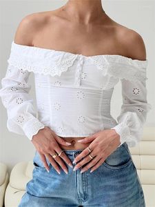 Women's Blouses CHRONSTYLE Elegant Women Lace Flowers Hollow Out Shirts Crop Tops Long Sleeve Slash Neck Off Shoulder Ruffles Solid 2024
