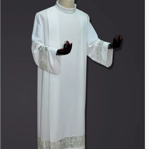 Branco alb sacerdote clerical roupas litúrgicas pastor cristão roupas igreja católica uniforme rendas clero robe uniformes sacerdote 240220