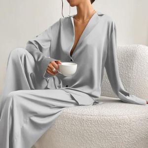 Женская одежда для сна 2024, весна-осень, женская сексуальная домашняя одежда, костюм с длинными рукавами, брюки, 2 шт., пижамы из искусственного шелка, свободная ночная рубашка, модная комфортная одежда