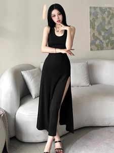 Casual Dresses Elegant Mature Charm Evening Party Formal Feminine Black Dress Mysterious Confident Simple Woman Split Knit Long Womens