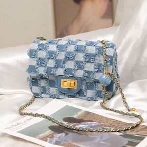 Denim diamond patterned chain bag with new high-end and niche design, canvas women's bag, single shoulder crossbody small square bag
