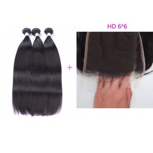 Brazilian Peruvian Virgin Hair Double Wefts With 6X6 HD Lace Closure Silky Straight Free Part Natural Color Body Wave 10-30inch 4 PCS/lot