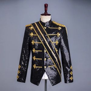 Black sequins European court style mens wear party inlaid gold show suit knight performance dress 240220