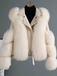 Fashion Faux Fur Kurtka dla kobiet Patchwork Pat Long Rleeve Pu Skórzowy puszysty żeńska gęstość płaszcza Zimowa luksusowa luźna dama marna 240220