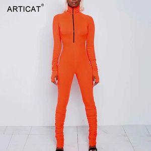 Kobiety Jumpsuits Rompers Articat Turtleeck zamykany ścisły kombinezon dla kobiet z długimi rękawami i neonowym pomarańczowym paskiem dla damskich r J240224