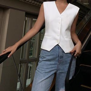 Women's Vests Women Fashion V Neck Single Breasted Short Vest Office Lady Sleeveless Chic White Suit Business Slim Waistcoat Tops Chaleco