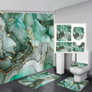 Green Marble Shower Curtain Set Creative Watercolor Ink Art Geometric Modern Bathroom Decor Floor Rug Bath Mats Toilet Lid Cover 240222