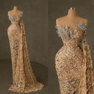 Gorgeous Women Evening Dresses Sheer Neck Sleeveless Prom Gowns Appliques Beads Crystal Sweep Train Dress Custom Made Robe De Soiree