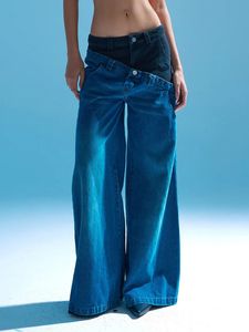 European and American sexy spicy girl style 2024 spring diagonal double waist patchwork wide leg drag casual jeans