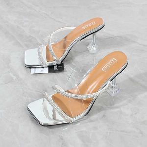 Slippers Womens High Heel Sandals 2023 Summer New Rhinestone with Transparent Horseshoe Slippers Fashion Party Womens Sandals 7.5CM J240224