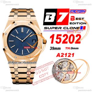 B7F 1520 Jumbo Extra-Thin 39mm 18K Rose Gold Blue Index Grande Tapisserie Dial Stick A2121 Automatic Mens Watch Stainless Steel Bracelet Super Edition Puretimewatch