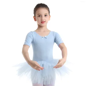 Stage Wear Kids Girls Ballerina Tulle Dance Outfit Short Sleeve Cotton Dancewear Gymnastics Ballet Costume Leotard Dress