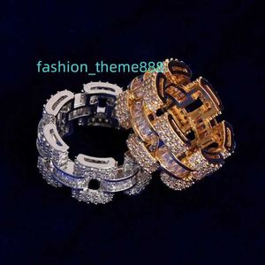 Gioielli Hip Hop personalizzati Baguette Iced Out Moissanite Anello a maglia cubana Anello in argento sterling 925 con catena a cordolo per uomo Donna