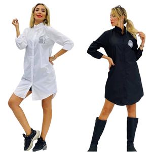 2024 Embroidery Shirt Dresses Women Casual Lapel Neck Long Sleeve Short Mini Dress Free Ship